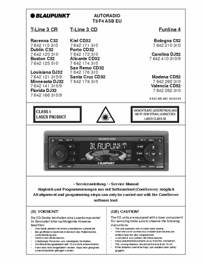 BLAUPUNKT C32 CD32 DJ32 C52 DJ 52CD52 Service manual for Blaupunkt autoradio, models:
Ravenna C32, Kiel CD32, Bologna C52, Dublin  C32, Porto CD32, Carolina DJ52, Boston C32,  Alicante CD32, San Remo CD32, Louisiana DJ32, Santa Cruz CD32, Modena CD52, 
Minnesota DJ32, Valencia CD52, Florida DJ32